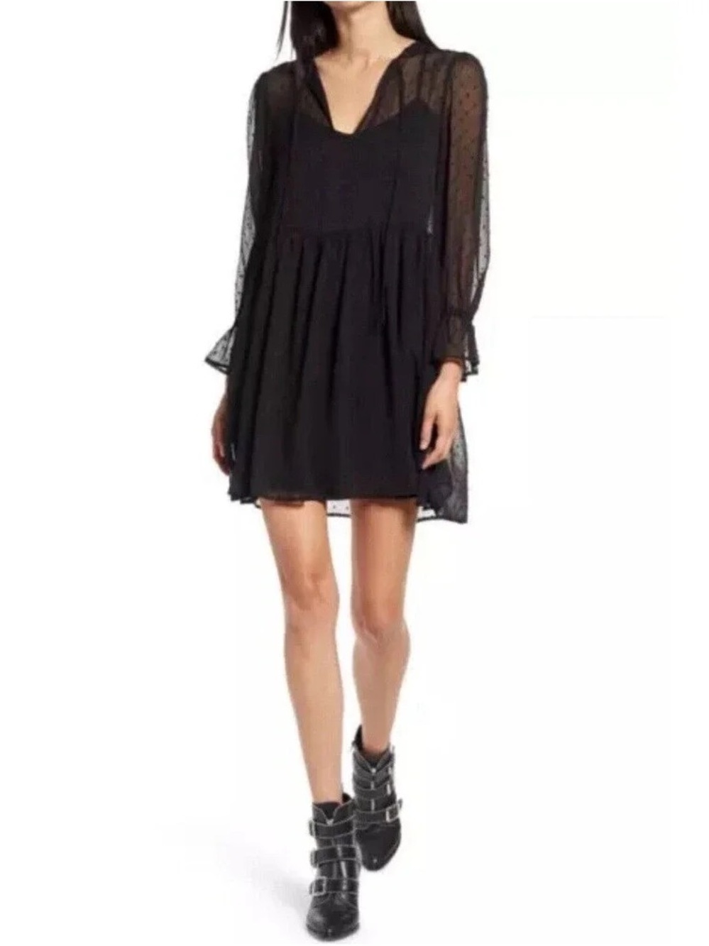 WAYF Black Swiss Dot Long Sleeve Mini Dress Sheer Babydoll Size Small *NWT